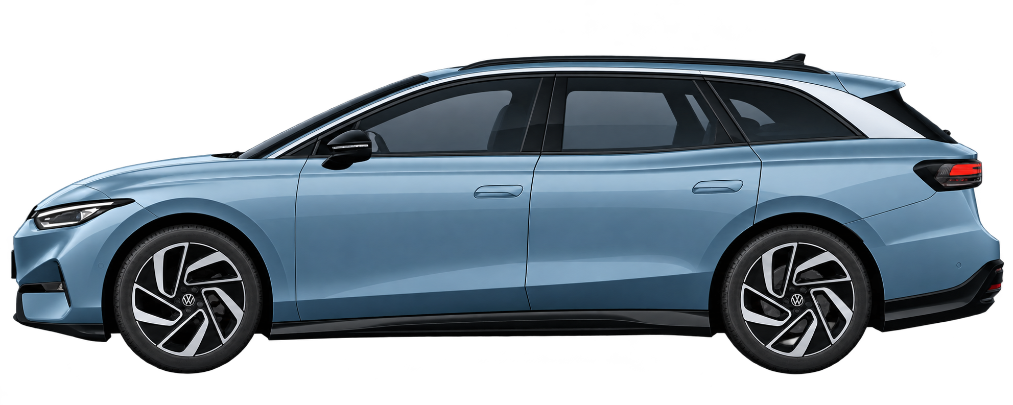 Stiliziran bočni prikaz VW ID.7 Tourer v modro-sivem odtenku Stonewashed Blue